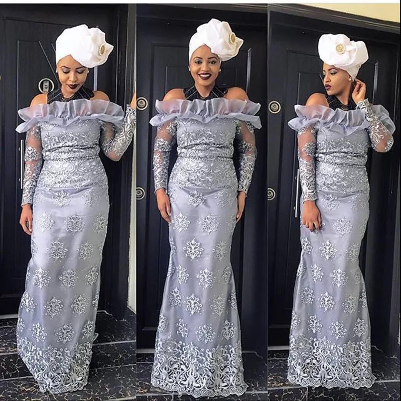 

2017 Nigeria Evening Dress Off Shoulder Long Sleeve South African Mermaid Evening Gowns Lace Applique African Women Formal Wear
