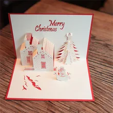 Красный Рождественский замок 3D лазерная резка всплывающие бумажные открытки ручной работы на заказ поздравительные открытки Рождественские подарки 6A0764