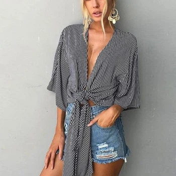 

Sexy Stripe Flare Sleeve Tops Women Deep-V Drawstring Cotton Shirt Summer Hot Sale Size S-XL Culbwear