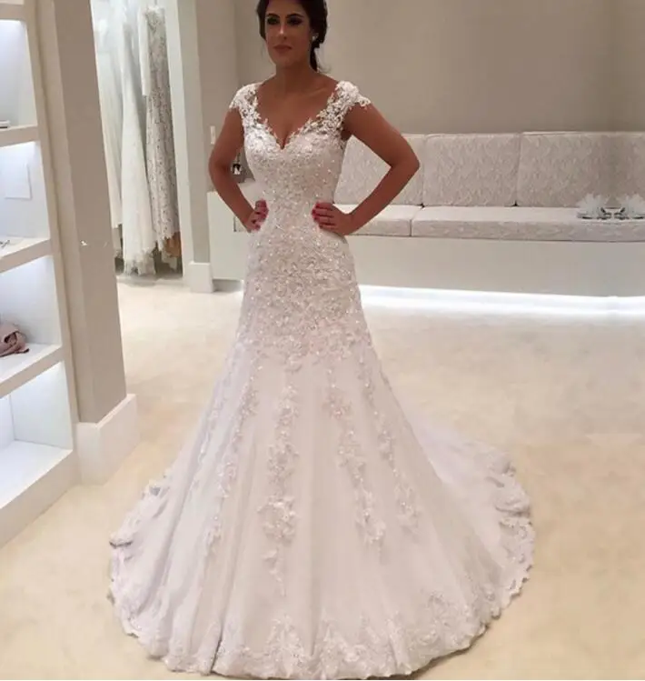 Robe de mariage сексуальное кружевное свадебное платье русалки с v-образным вырезом и короткими рукавами популярные Дешевые Свадебные платья на заказ Vestido de Noiva