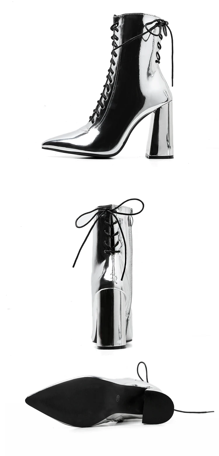 Ботинки на высоком каблуке; модные серебристые женские ботильоны из лакированной кожи с острым носком; пикантные женские туфли-лодочки с перекрестной шнуровкой; ботинки «Челси»