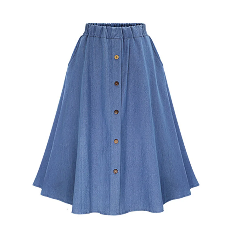 

2019 Summer Autumn Fashion Women Skirts Vintage Denim Skirt Nature Waist Pleated Midi Skirt Ladies Casual Button Jean Skirts