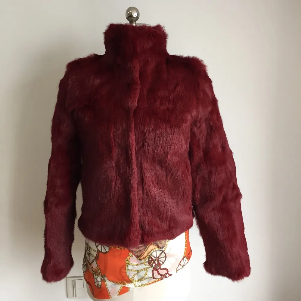 Complet Manteau Burgundy De blanc Col Montant Pur Gilet Ah267 Réel L'ensemble Veste Pelt Lapin Fourrure Plein Femmes noir Bfqxdw4