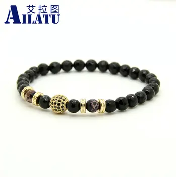 

Ailatu Hot Sale A Grade Faceted Black Onyx & Sediment Stone Beads with 9mm Micro Paved Black Cz Beaded Mens Party Gift Bracelet