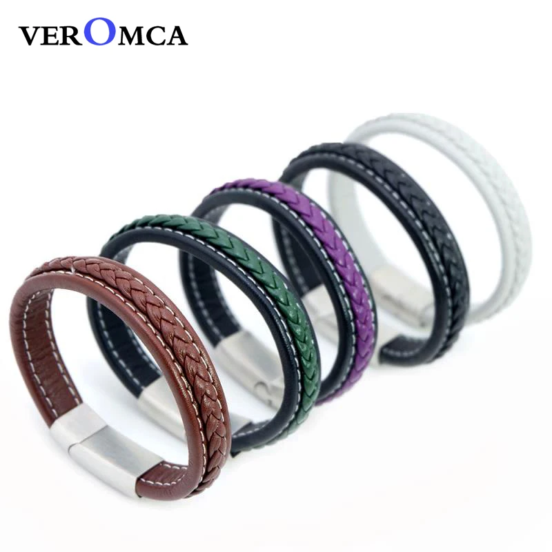 VEROMCA Punk Jewelry Purple Green Genuine Braided Leather Bracelet Stainless Steel Magnetic Clasp Double Leather Bracelets (13)