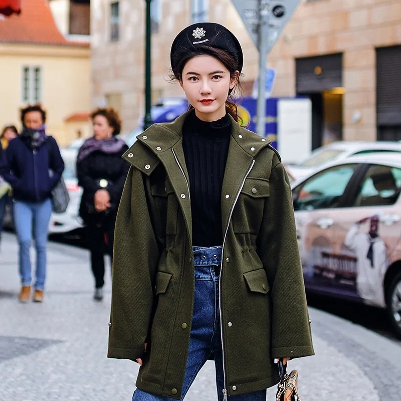 2019 Armée Vert Automne Boyfriend Conception Originale Casual Survêtement Style Lâche Oversize Long Hiver Manteau Veste Grâce Et Gloria 00Sr8dxw