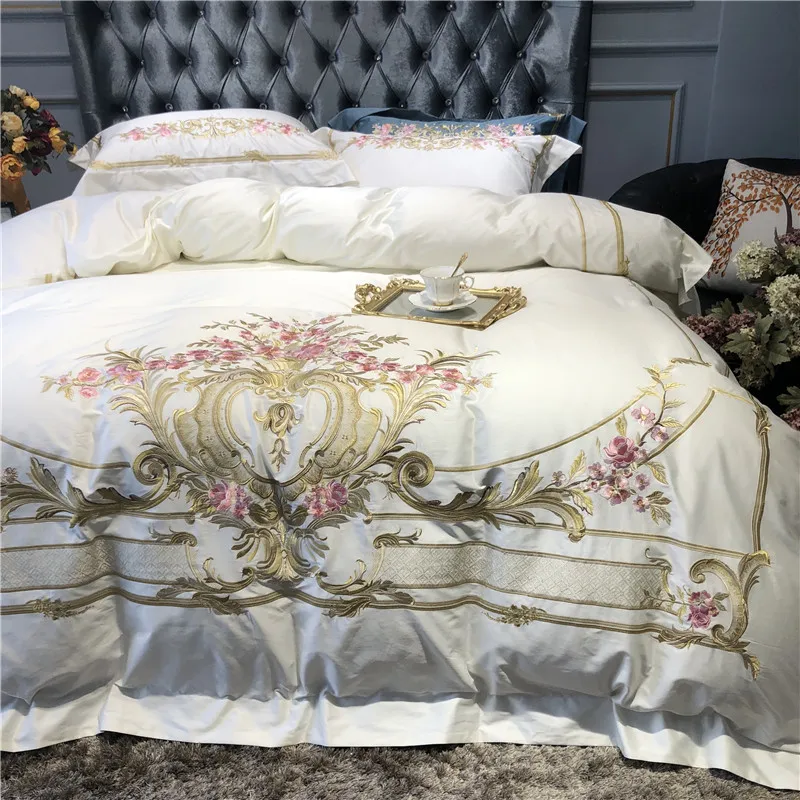 Top Champagne Blue White Luxury Royal Embroidery 100S Egyptian Cotton Palace Bedding Set Duvet Cover Bed sheet/Linen Pillowcases 60