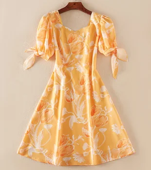 

Hot Sale Flower Print Dress Elegant Cute Bow Designer A-Line Dresses C3315