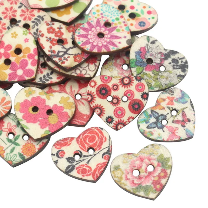 

FUNIQUE Decorative Buttons 50PCs Wood Sewing Buttons Scrapbooking Pattern Printed Heart Random Mixed Sewing Accessories