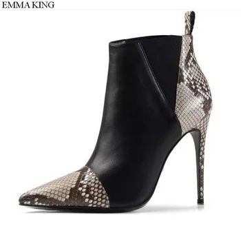 

EMMA KING 2018 Fashion Spring Autumn Mixed Color Sexy High Heels Woman Party Thin Heels Model Snake Printed Pointed Toe Boots