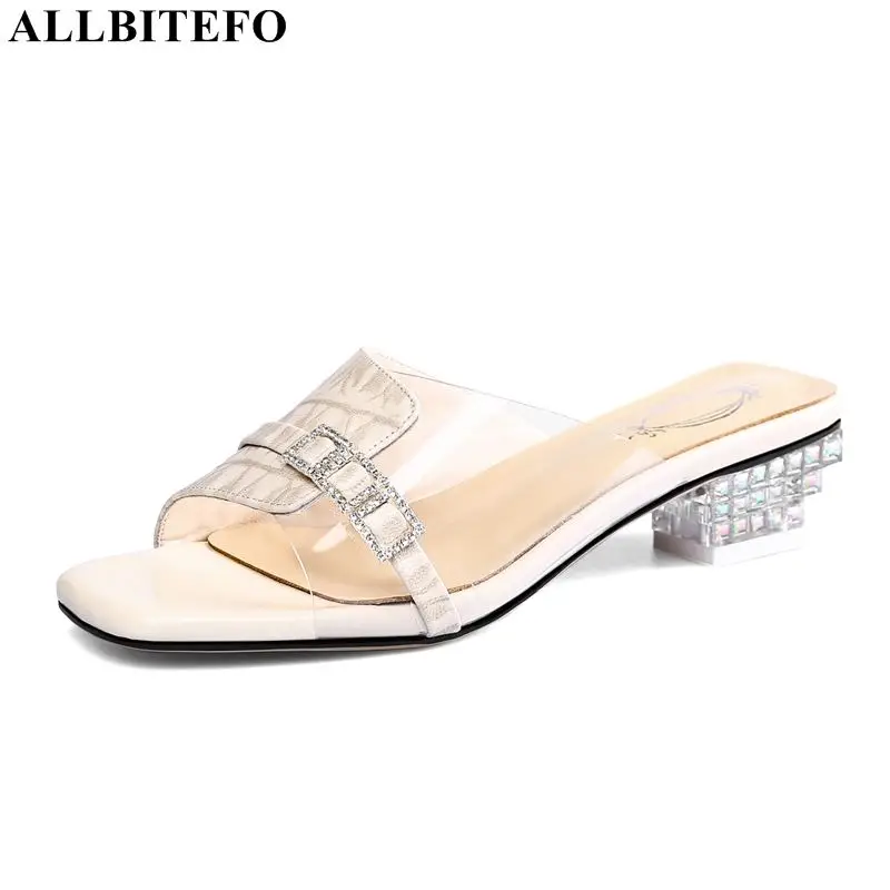 

ALLBITEFO fashion Rhinestone genuine leather high heels party women shoes summer women sandals women slippers size:34-43