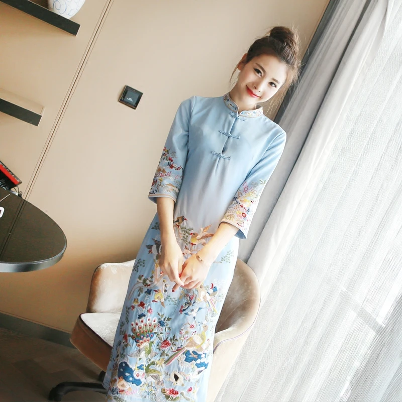 Традиционное шелковое платье с вышивкой в стиле ретро Ципао из атласа|cheongsam qipao|silk