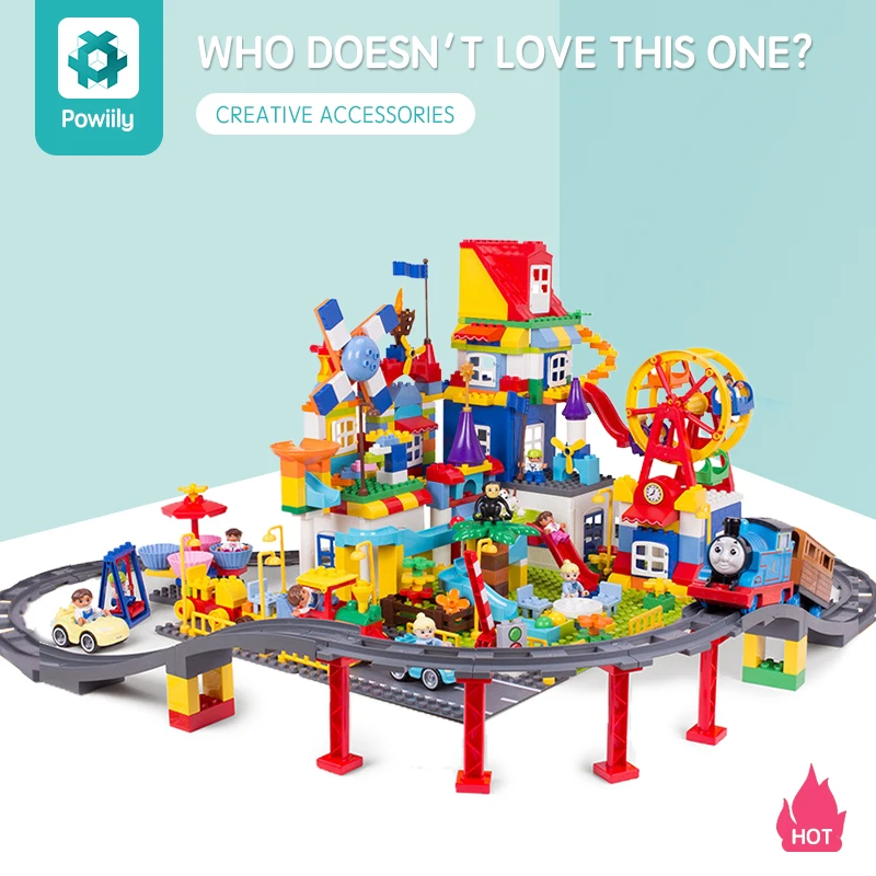 

powiily Train Bridge Building Blocks DIY Assembly Creative Educational Train Tracks Children Toys Compatible Duplo Bricks set