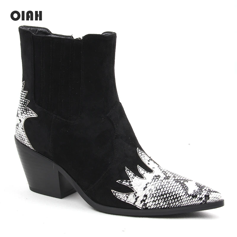 

OIAH Women Ankle Boots Flock Pointed Toe Chelsea Boots Thick Squar Heel Spring Autumn Boots Snakeskin Pattern Shoes for Female