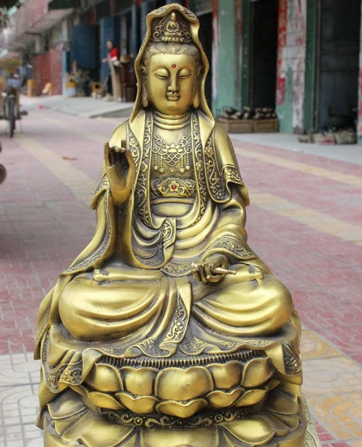 

16" Chinese Buddhism Bronze Sit Lotus Kwan-yin Guanyin Bodhisattva Buddha Statue