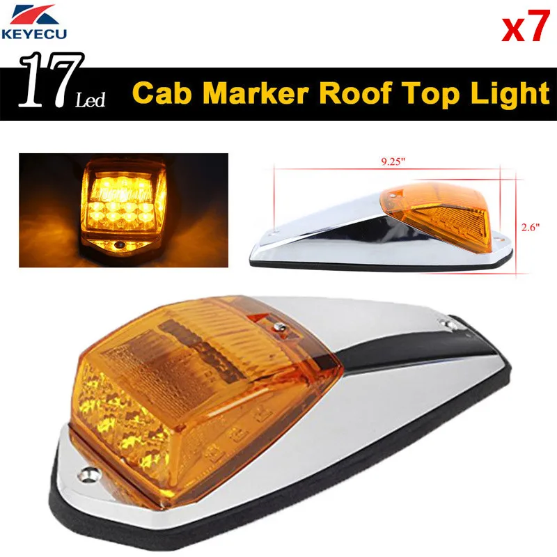 

KEYECU 7x 17LED Amber Roof Light Chrome Cab Marker Clearance Roof Running Top Light Assembly for Heavy Duty Trucks Peterbilt