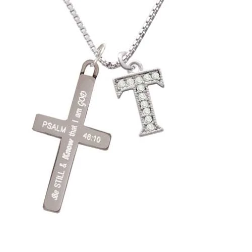 Crystal Initial - T - Beaded Border - - Be Still and Know - Cross Necklace (1)