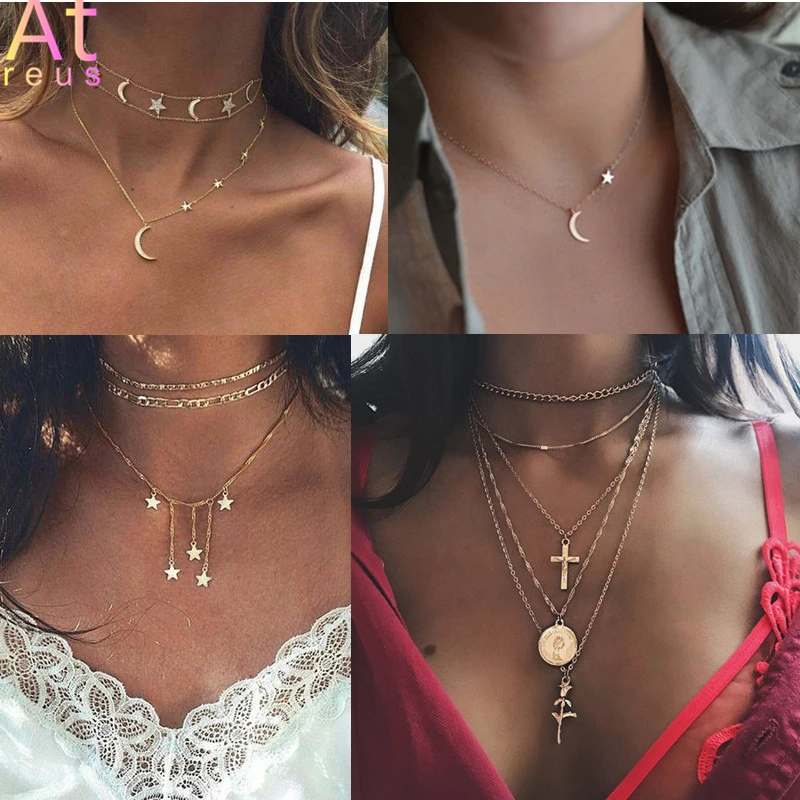 Women Bohemian Retro Round Cross Rose Pendant Gold Clavicle Chain Personality Multilayer Necklace Set Fashion Birthday Gift Star | Украшения