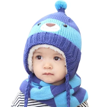 

Warm Winter Velvet Baby Hat Scarf Sets Cute Bear Cartoon Beanie Hat For Girl Boy Plaid Scarf Lace Up Kids Knitted Beanie Pompom