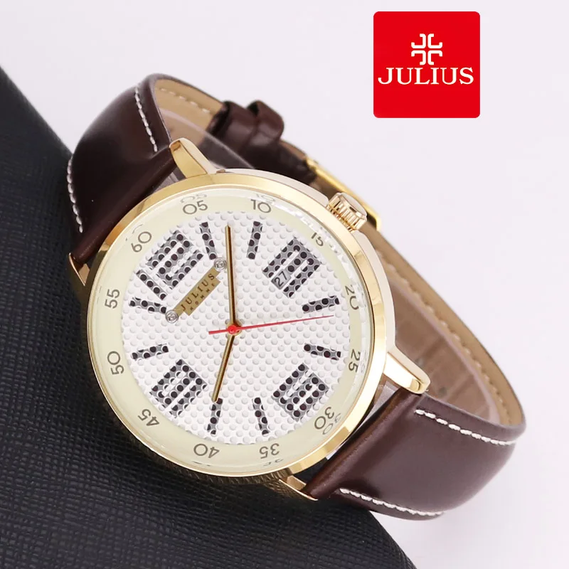 

Auto Date Julius Men's Watch Big Fashion Japan Quartz Hours Bracelet Retro Real Leather Lovers' Boy's Father Gift Box