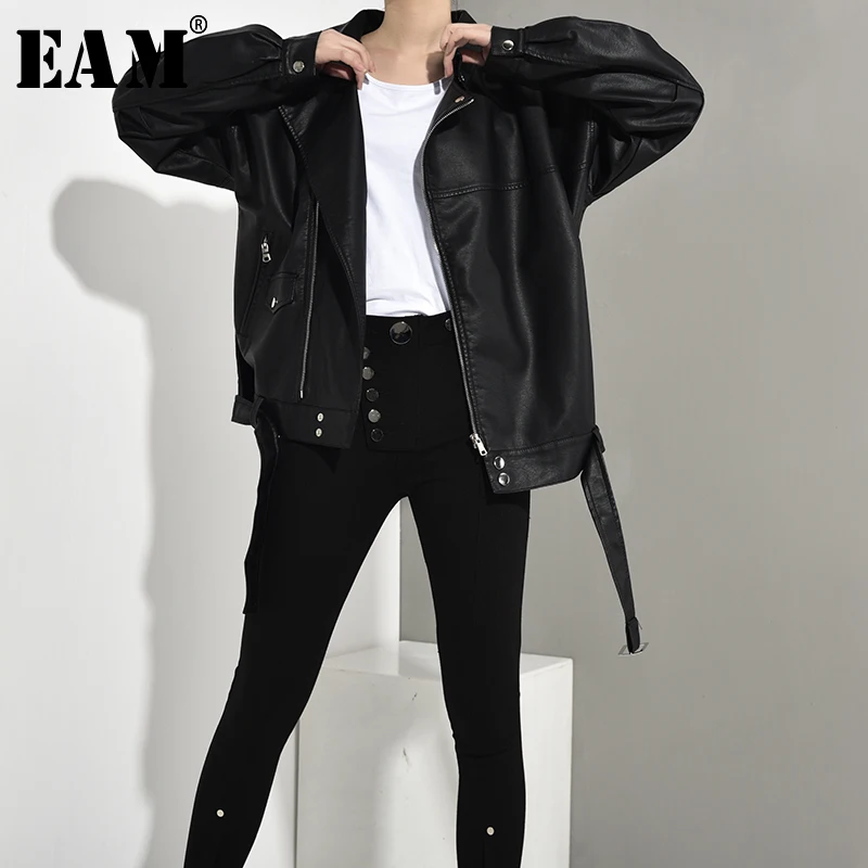 

[EAM] 2019 New Autumn Winter Lapel Long Sleeve black pu leather buckle stitch big size Jacket Women Coat Fashion Tide LA93801