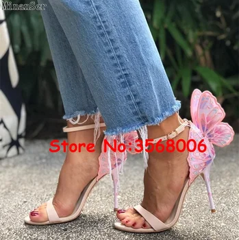

3D Butterfly Embroidery Buckle Strap Pink Lovely Sandals Stiletto Dress Evening Party Lady High Heels Pumps Shoes Real Photo