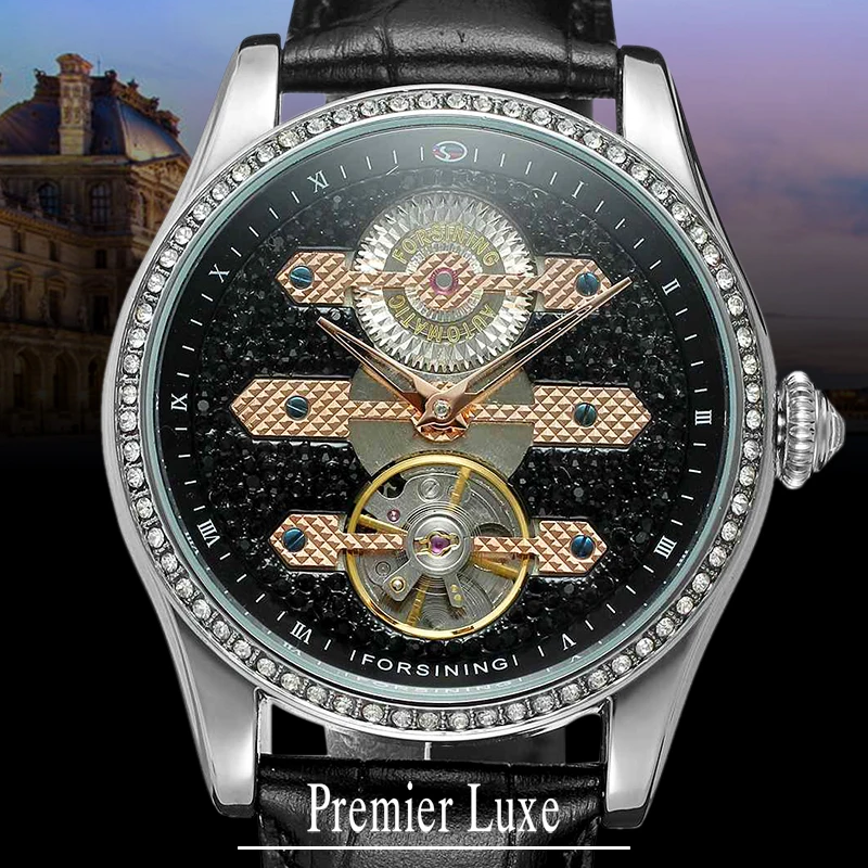 

Forsining 2017 Design Genuine Leather Diamond Display Blue Hands Tourbillion Waterproof Mens Automatic Watches Top Brand Luxury