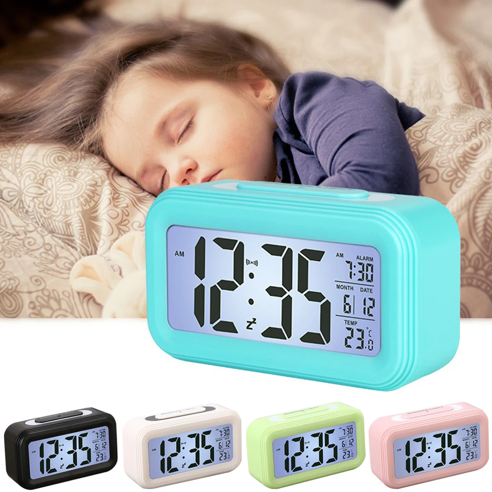 

Display Digital Alarm Clock Time Snooze Function Electronic BackLight Sensor Night Light Office Table Student Kids Clock