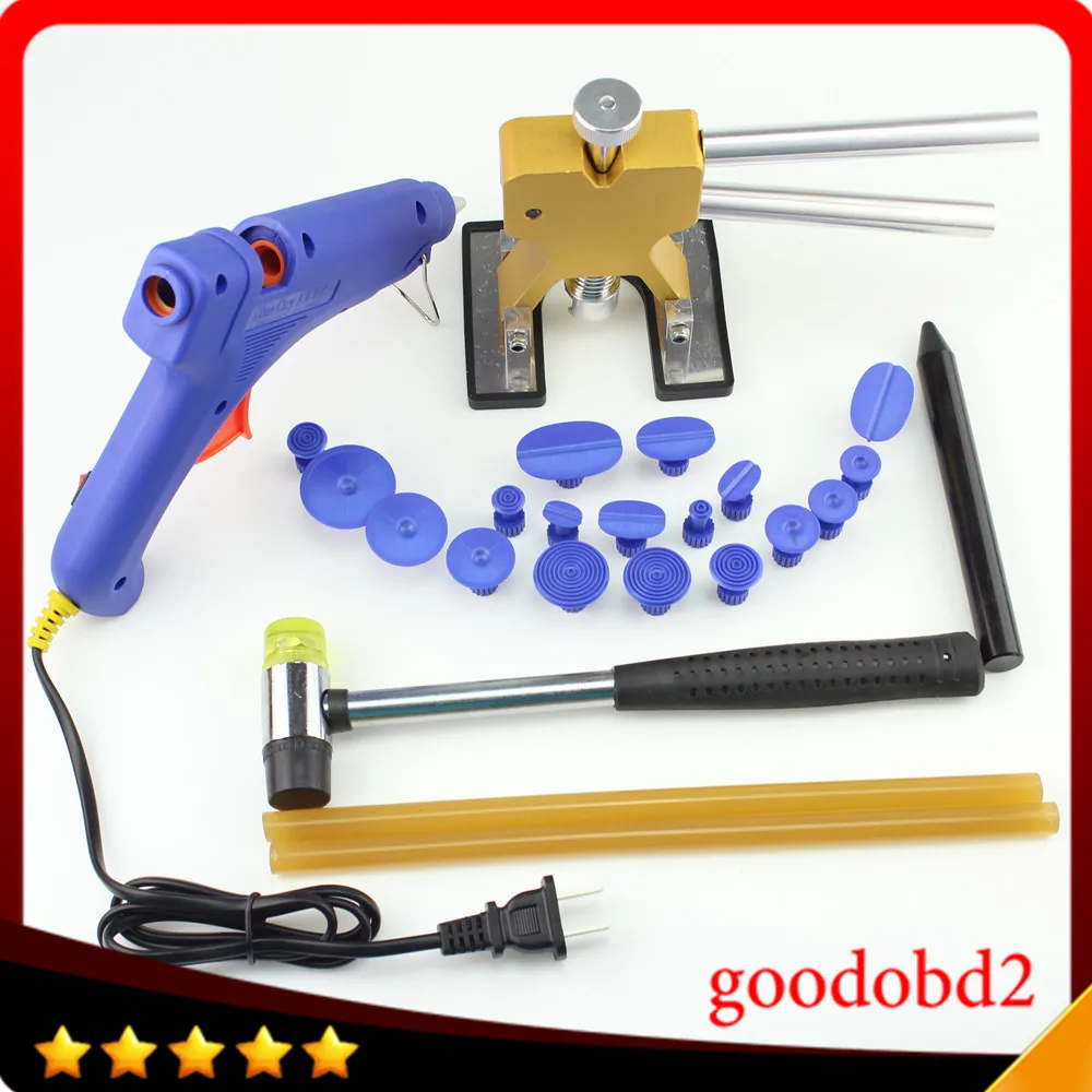 

Car PDR Paintless Dent Repair Tools set Dent Removal with 18X Puller Tabs Gold Lifter Rubber hammer +Pen Kit with 100W Glue Gun