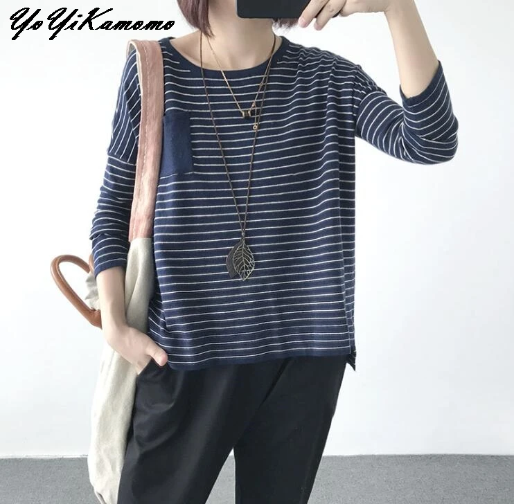 

Women Striped Plus Size Sweater Autumn Spring2018 Pullovers Thin Irregular Loose long-sleeved Sweater Knit Loose Women Tops