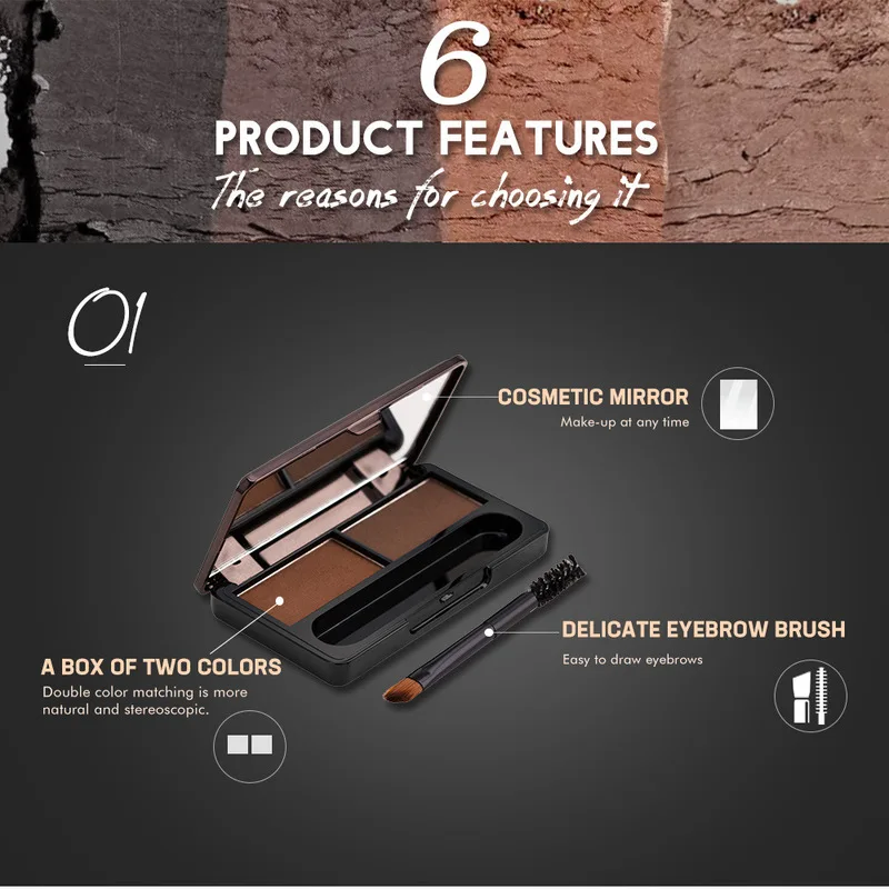 

2 Colors Long-lasting waterproof Eyebrow Powder Palette Waterproof Shade for Eyebrows Enhancer Cosmetic Brush Mirror Box Makeup