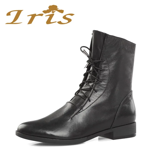IRIS Cheville Bottes à Lacets Femmes chaussures Plates En Cuir Véritable Noir Talon Bas Mode Féminine