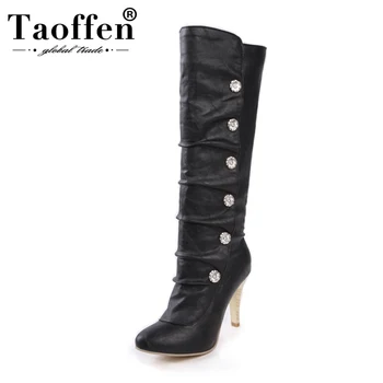 

Taoffen Pu Leather Knee High Boots Women Simple Solid Color High Heels Shoes Round Toe Winter Warm Footwear Women Size 34-43