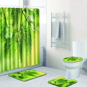 

4Pcs/Set Art Leaves Printing Shower Curtain Bathroom Mat Rug Cover bathroom non-slip carpet and shower curtain Set
