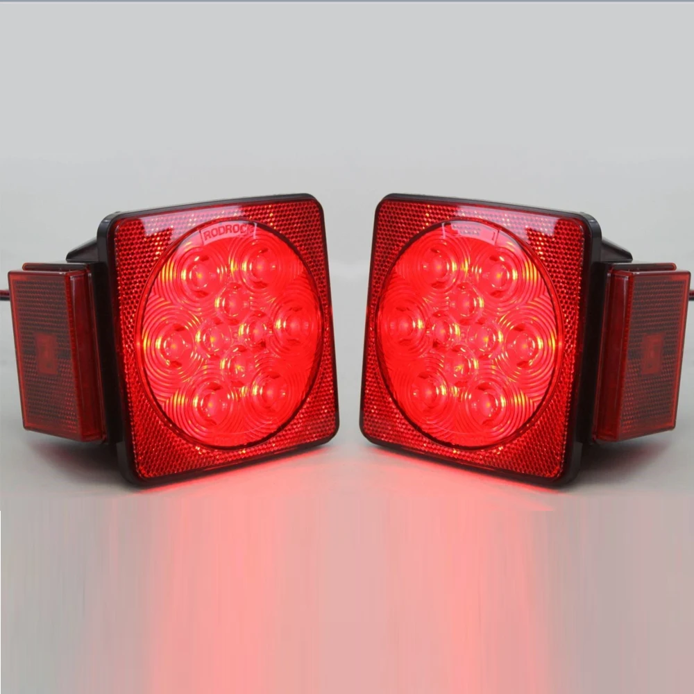 One Pair Red LED Square Trailer Truck Tail Light Lamp Mount Signal Light Flashing Rear Stop Brake Light For Vehicles Waterproof