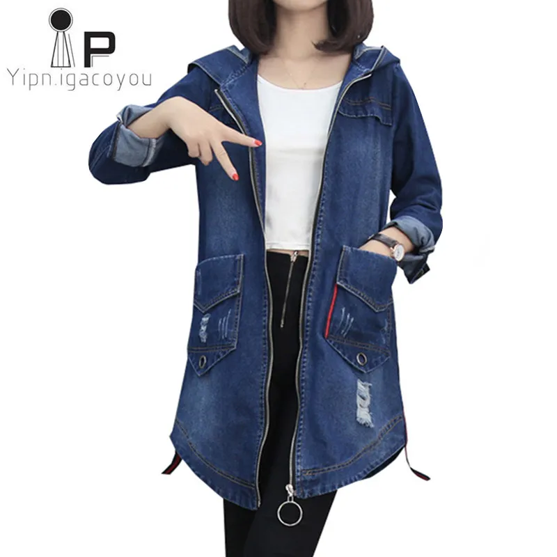 

Spring Casual women denim jacket 2019 Female New Fashion women coat Korean Plus size Loose Hooded zipper ladies long jean jacket