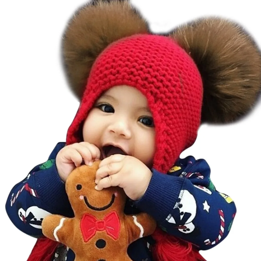 Kids Wool Knitted Beanie Cap Winter Real Raccoon Fur Pompom Hats For