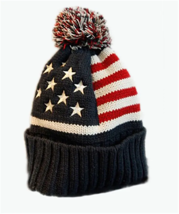 New Winter Unisex knit Beanie hat USA flag pattern pom pom knitted cap