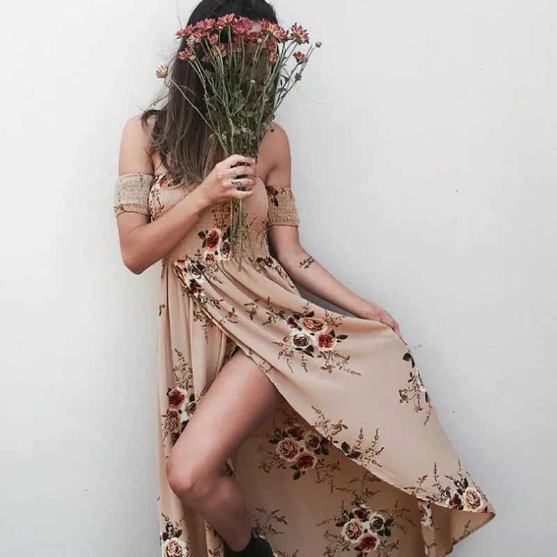 Boho Стиль длинное платье Для женщин с открытыми плечами пляжные летние платья