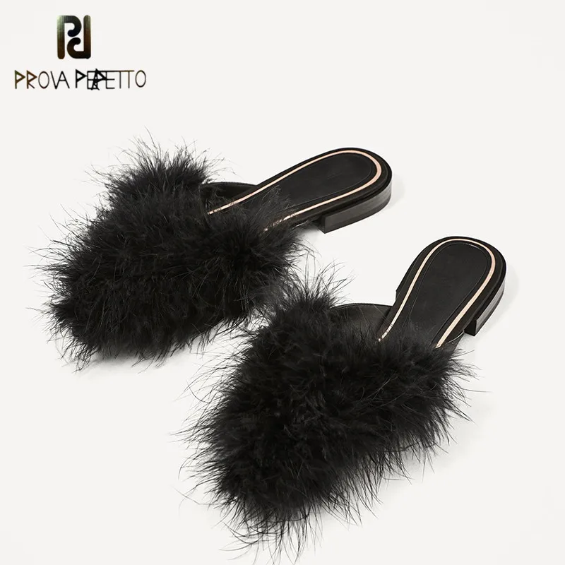 

Prova Perfetto New Black Feather Shoes Woman Pointed Toe Flat Slippers Outside Women Slippers Femme Fur Slippers Big Size 34-42