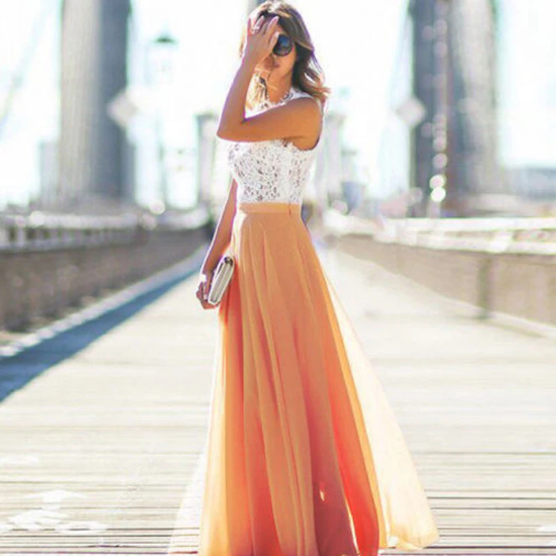 Летние женские плиссированные юбки Saias, женское стрейчевое расклешенное плиссированное платье с коротким и широким подолом, шифоновая юбка, Женская юбка макси с высокой талией в стиле бохо - Цвет: Orange