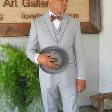 Светло-серые мужские свадебные вечерние костюмы для выпускного вечера 3 шт. Жених приталенные смокинги шафер Жених костюм куртка+ брюки+ жилет на заказ