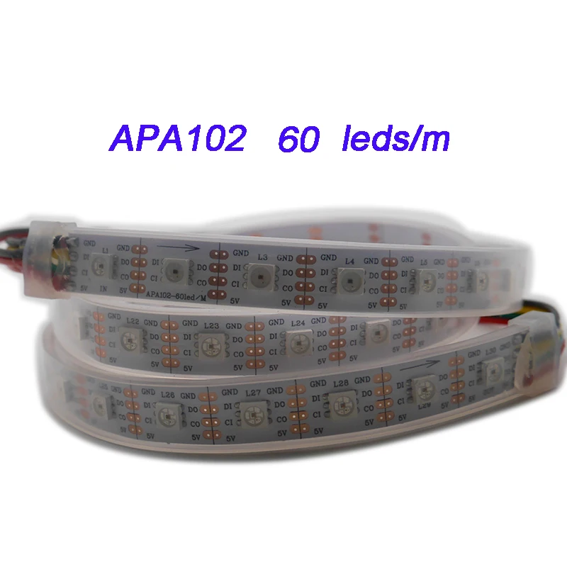 1 m/3m/5 m APA102 пикселей умная Светодиодная лента; 30/60/144 светодиодов/пикселей/м; данных и часы отдельно; DC5V; IP30/IP65/IP67 Sk9822