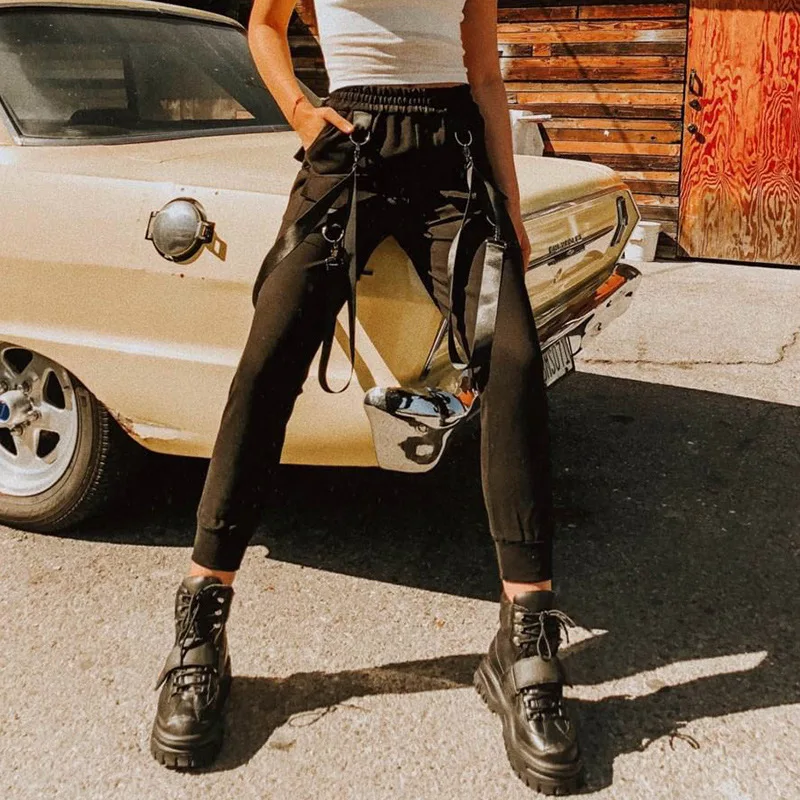HOUZHOU 2019 New Cargo Pencil Pants Solid Pocket Ankle Length Trousers Women Streetwear Jogger Mujer Hip Hop Punk Vintage Slim HOUZHOU 2019 New Cargo Pencil Pants Solid Pocket Ankle Length Trousers Women Streetwear Jogger Mujer Hip Hop Punk Vintage Slim