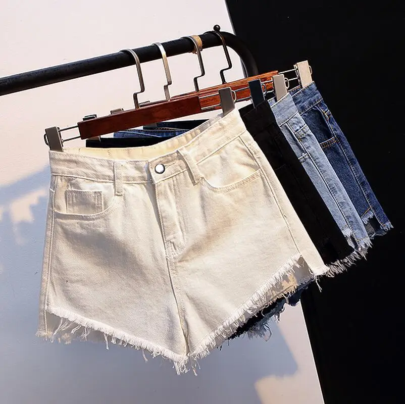 Джинсовые хлопковые шорты средней талией, джинсы для женщин, большие размеры 5 xxxxxl, черные, белые, синие, винтажные, на молнии, горячая
