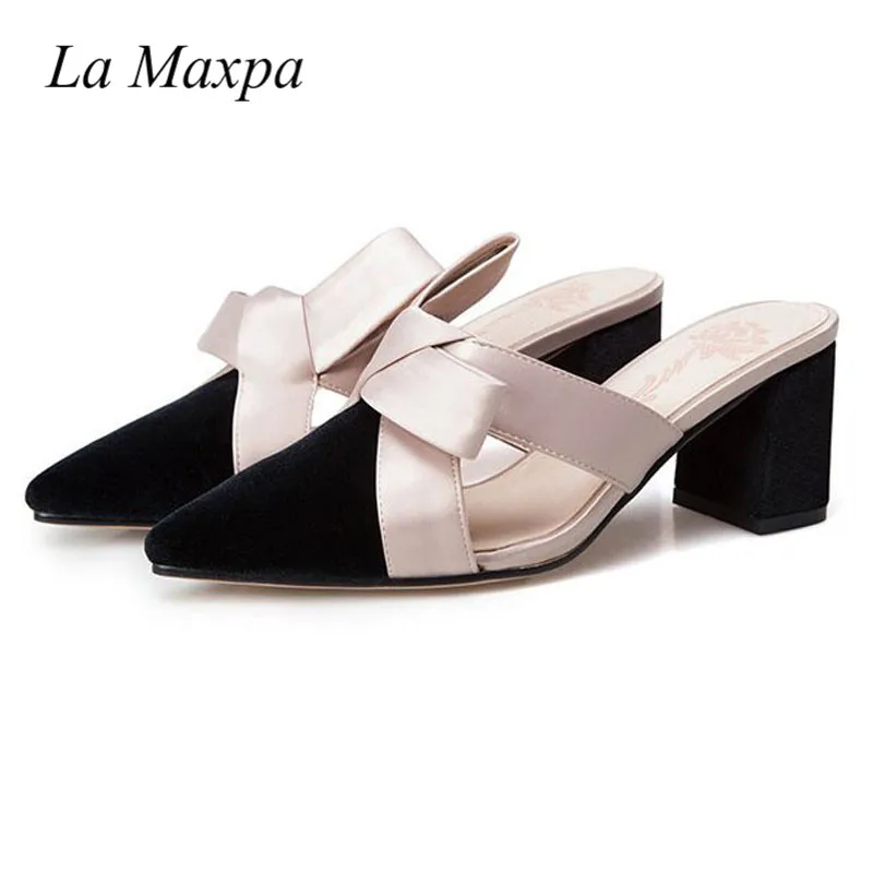 La maxPa/Женская обувь; Шлёпанцы на высоком каблуке 6 см; толстый каблук; острый носок; элегантные туфли без задника с бантиком-бабочкой и вырезами; Размеры 35-39 - Цвет: black slippers