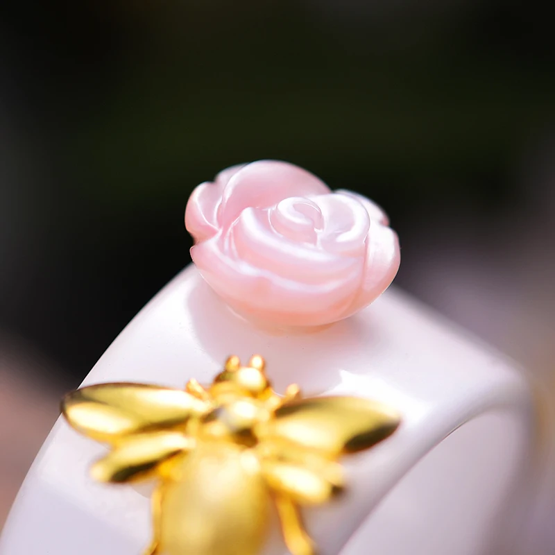 Lotus Fun Solid 925 Sterling Silver Rings for Women Ceramic Bee Rose Flower Silver Ring valentines day gift vintage jewelry