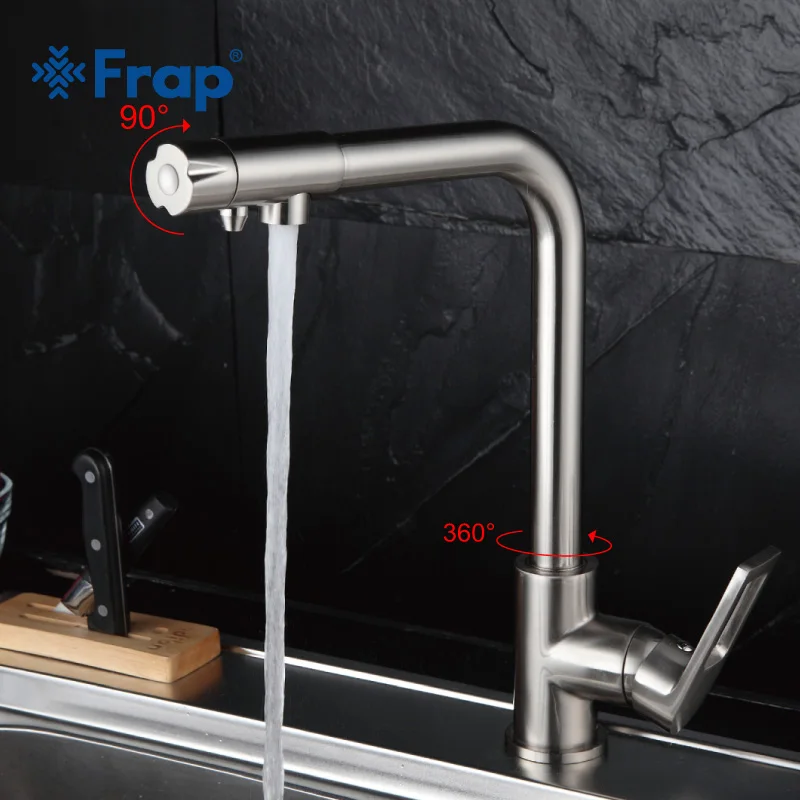  Frap Nickel Brushed Kitchen Faucet Right Angle Design 360 Degree Rotation with Water Purification F - 32807990997