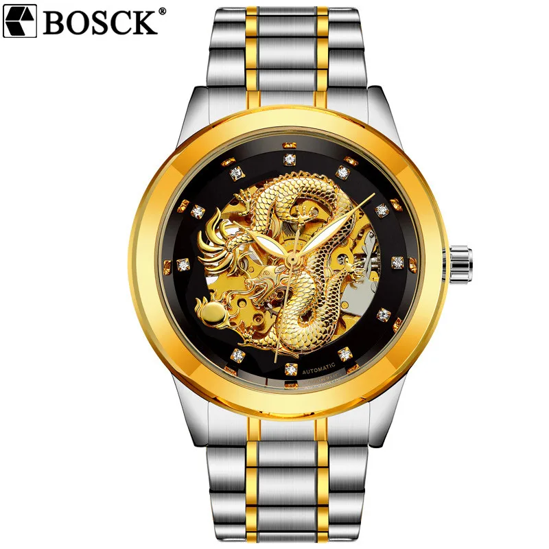 Винтажные автоматические механические мужские часы с циферблатом в виде дракона, часы со скелетом, золотые наручные часы из нержавеющей стали, роскошные золотые мужские часы - Цвет: Silver Black