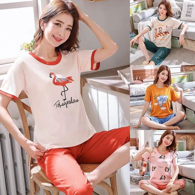 

Yfashion Summer Pajamas Sets Homewear Women Cute Cartoon Print Short Sleeve Tops + Cropped Trousers Pajamas 2pcs/set Femme